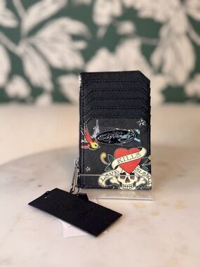 Ed Hardy Black Card & Key Holder with Tattoo Heart and Skull Motif NWT